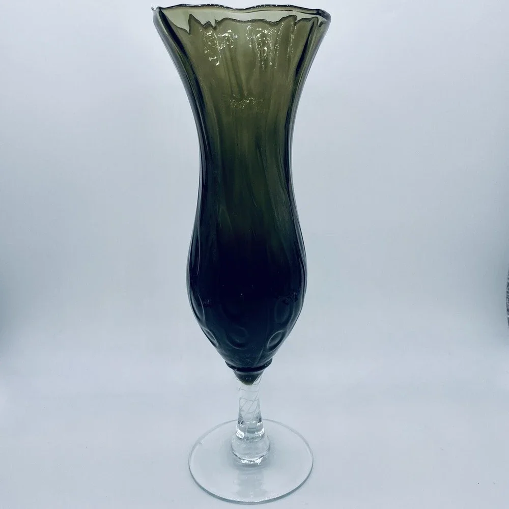 Smoke Glass Handblown Vase Footed Pedestal Textured Ruffled Green Gray 10